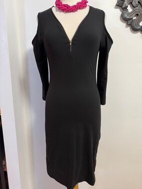 Hot Kiss Black Cold-Shoulder Zip-Front Midi Dress